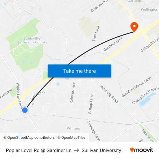 Poplar Level Rd @ Gardiner Ln to Sullivan University map