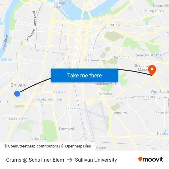 Crums @ Schaffner Elem to Sullivan University map