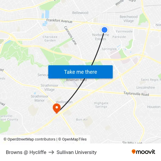 Browns @ Hycliffe to Sullivan University map