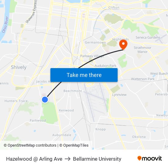 Hazelwood @ Arling Ave to Bellarmine University map