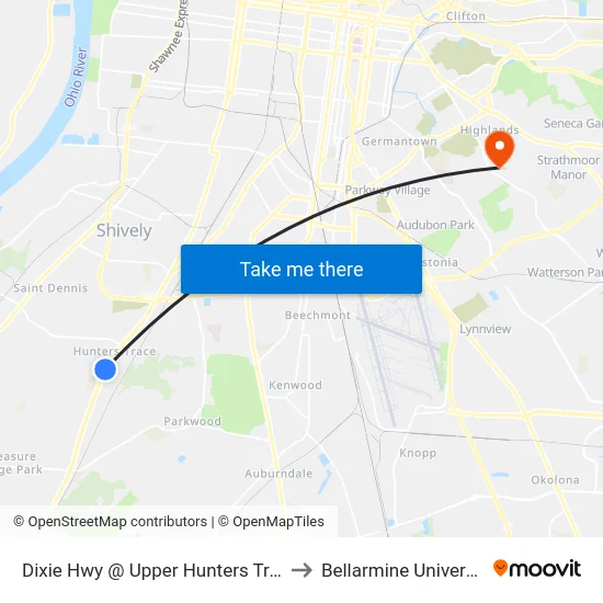 Dixie Hwy @ Upper Hunters Trace to Bellarmine University map