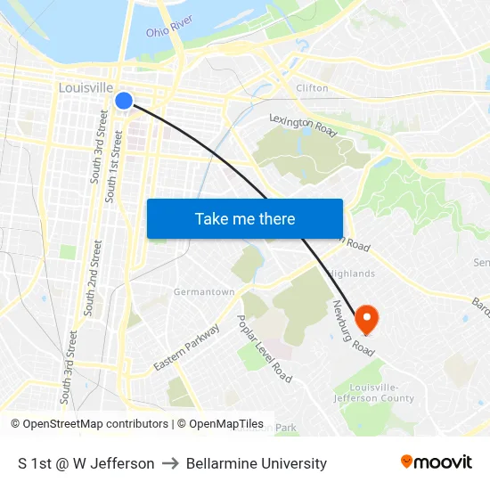 S 1st @ W Jefferson to Bellarmine University map