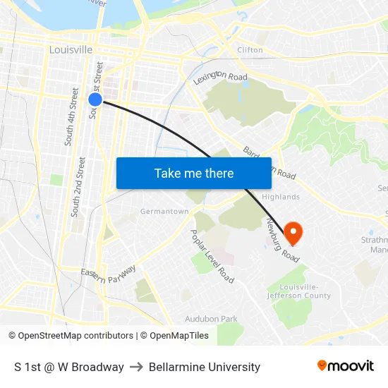S 1st @ W Broadway to Bellarmine University map
