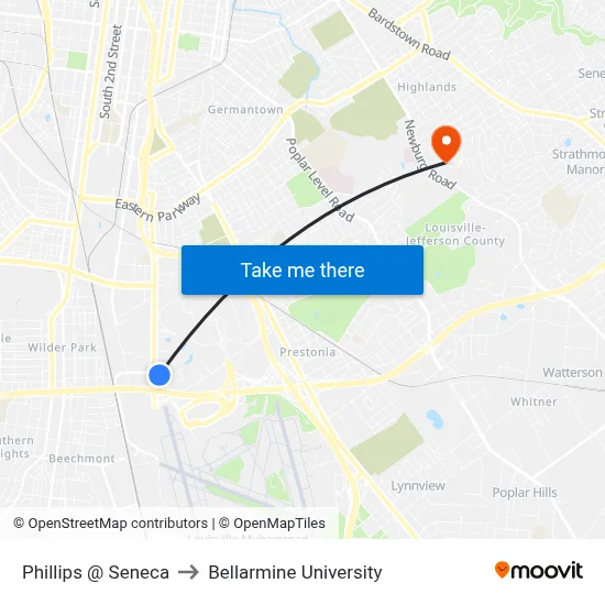 Phillips @ Seneca to Bellarmine University map