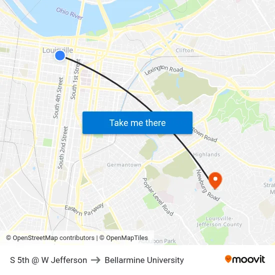S 5th @ W Jefferson to Bellarmine University map