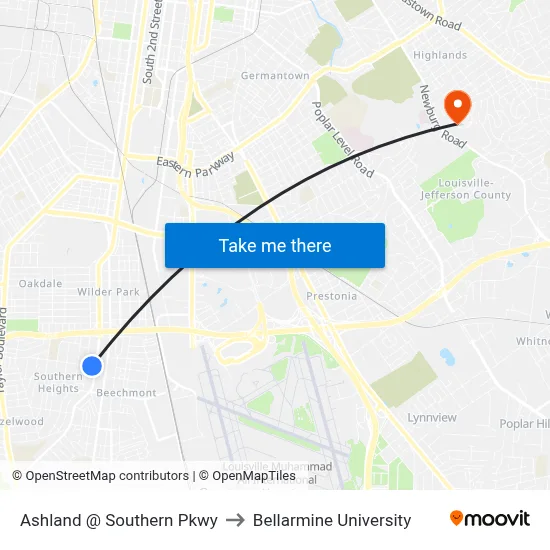 Ashland @ Southern Pkwy to Bellarmine University map