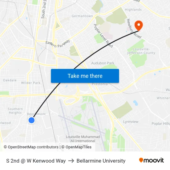 S 2nd @ W Kenwood Way to Bellarmine University map