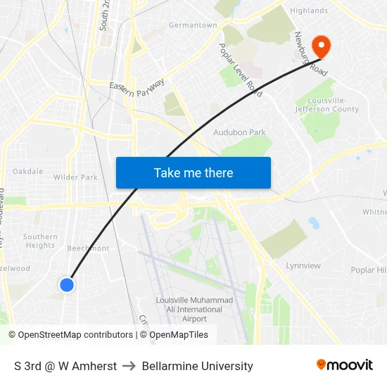 S 3rd @ W Amherst to Bellarmine University map