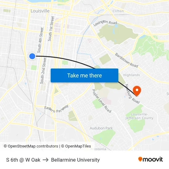 S 6th @ W Oak to Bellarmine University map