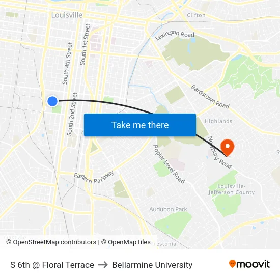 S 6th @ Floral Terrace to Bellarmine University map