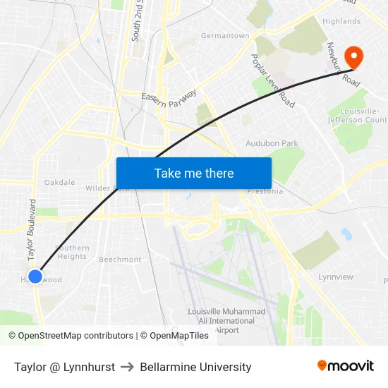 Taylor @ Lynnhurst to Bellarmine University map