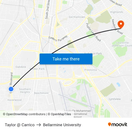 Taylor @ Carrico to Bellarmine University map