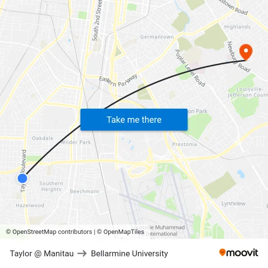 Taylor @ Manitau to Bellarmine University map