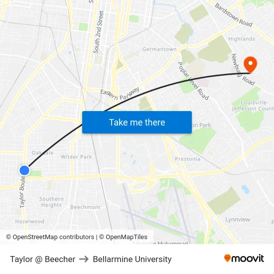 Taylor @ Beecher to Bellarmine University map