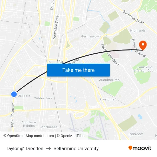 Taylor @ Dresden to Bellarmine University map