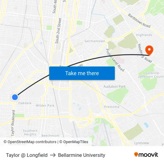Taylor @ Longfield to Bellarmine University map