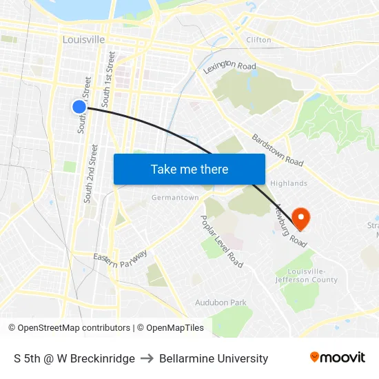 S 5th @ W Breckinridge to Bellarmine University map