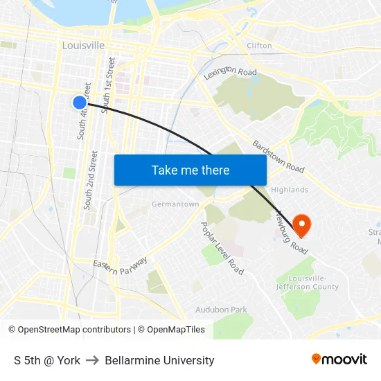S 5th @ York to Bellarmine University map