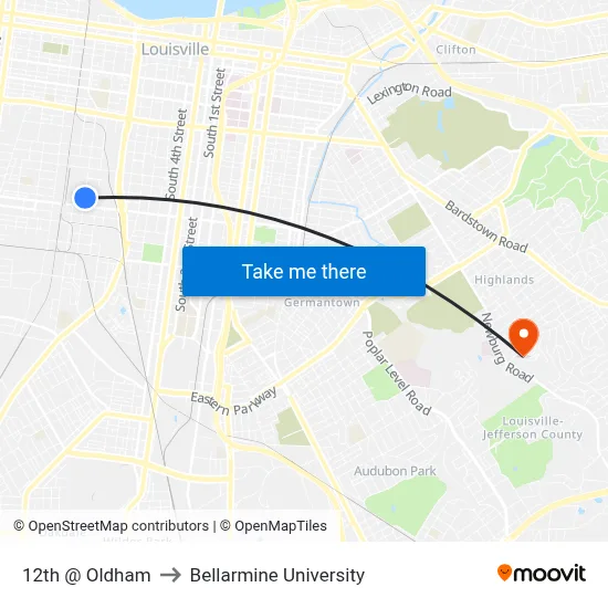 12th @ Oldham to Bellarmine University map