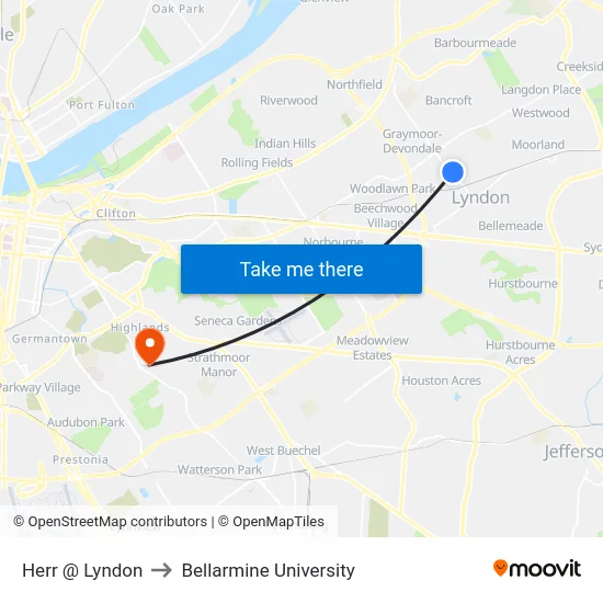 Herr @ Lyndon to Bellarmine University map