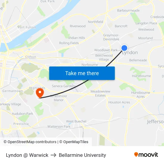 Lyndon @ Warwick to Bellarmine University map