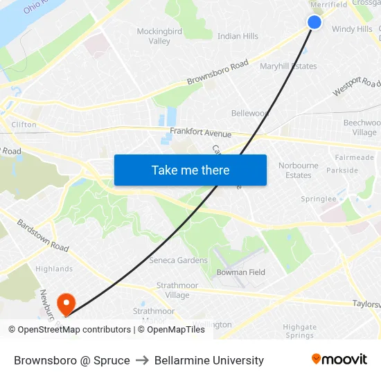 Brownsboro @ Spruce to Bellarmine University map