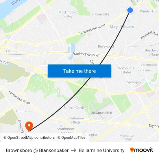 Brownsboro @ Blankenbaker to Bellarmine University map