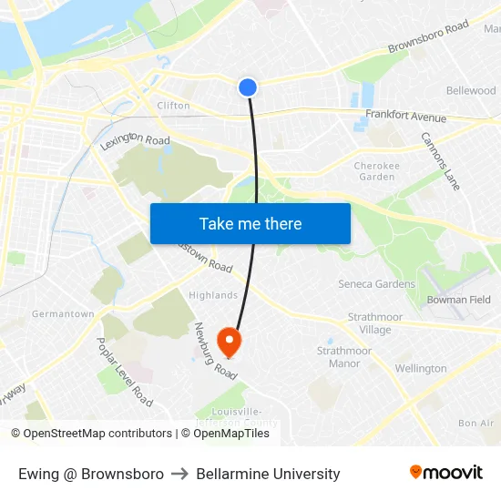 Ewing @ Brownsboro to Bellarmine University map
