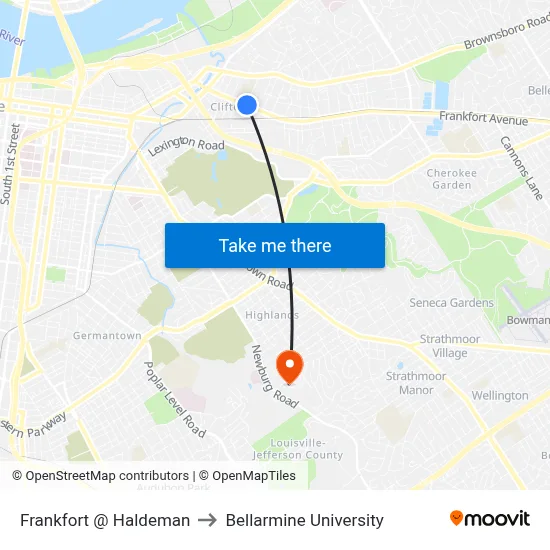 Frankfort @ Haldeman to Bellarmine University map