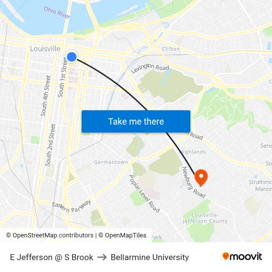 E Jefferson @ S Brook to Bellarmine University map
