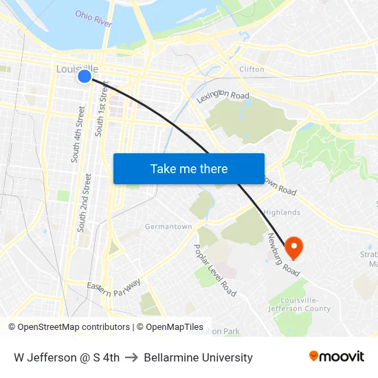 W Jefferson @ S 4th to Bellarmine University map