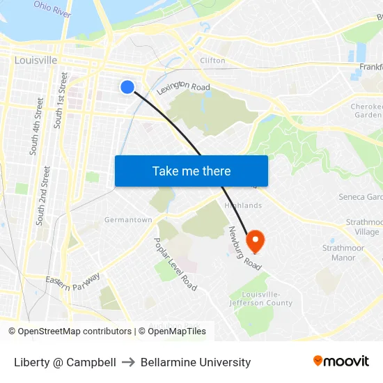 Liberty @ Campbell to Bellarmine University map