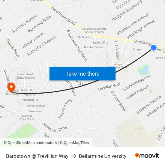 Bardstown @ Trevillian Way to Bellarmine University map