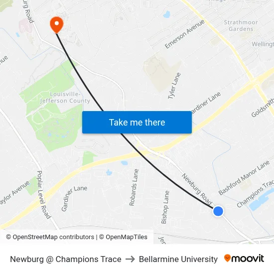 Newburg @ Champions Trace to Bellarmine University map