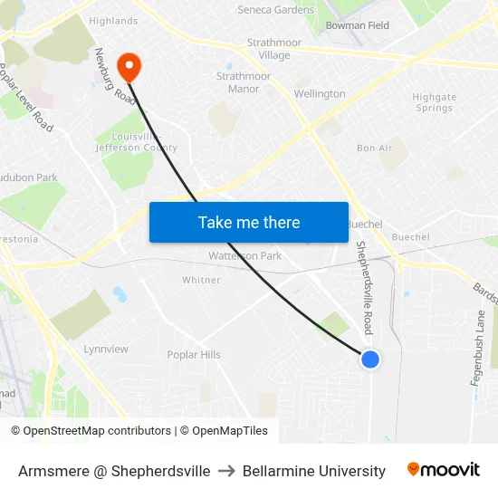 Armsmere @ Shepherdsville to Bellarmine University map