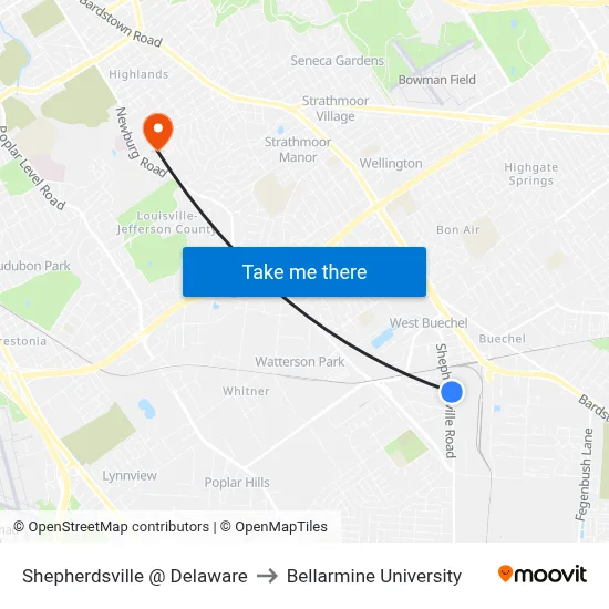 Shepherdsville @ Delaware to Bellarmine University map