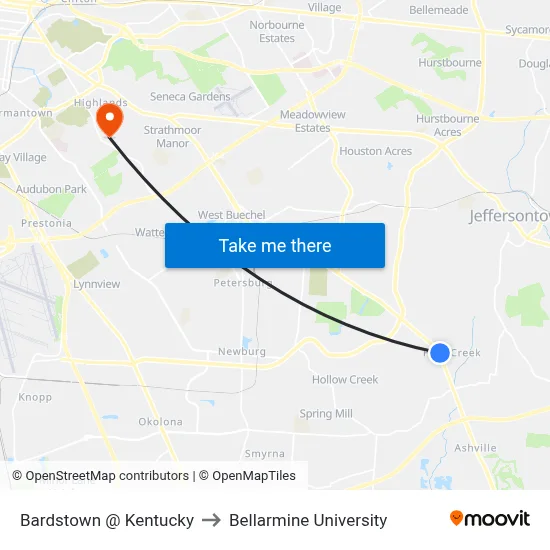 Bardstown @ Kentucky to Bellarmine University map