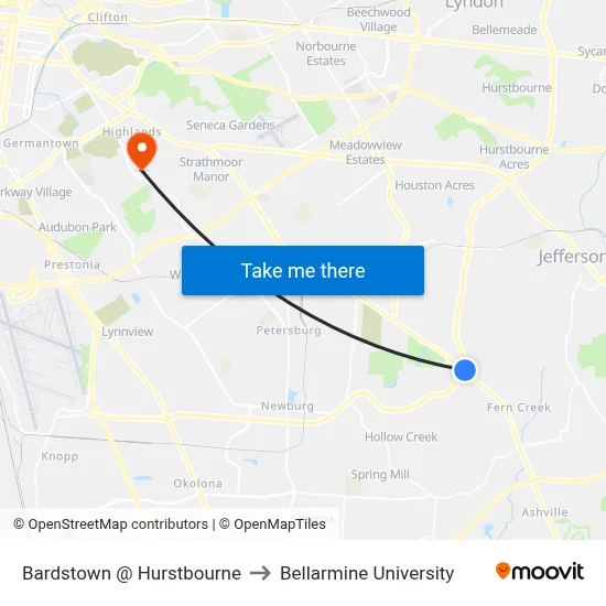 Bardstown @ Hurstbourne to Bellarmine University map