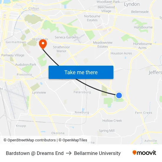 Bardstown @ Dreams End to Bellarmine University map