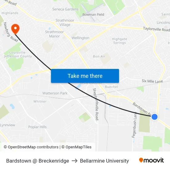 Bardstown @ Breckenridge to Bellarmine University map