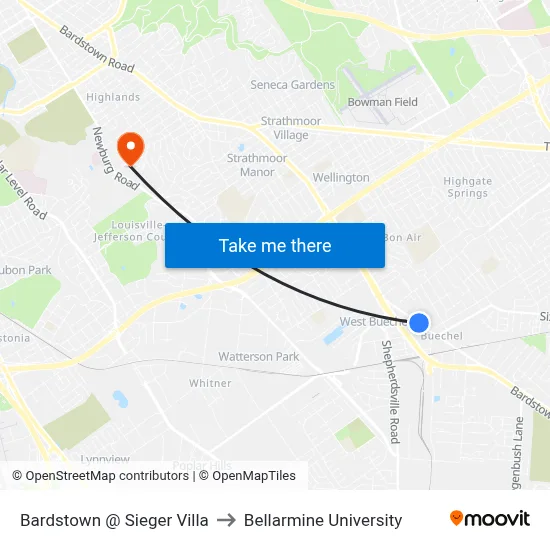 Bardstown @ Sieger Villa to Bellarmine University map