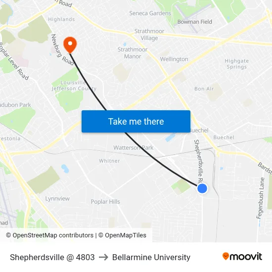 Shepherdsville @ 4803 to Bellarmine University map