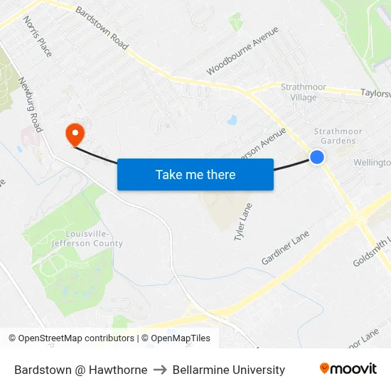 Bardstown @ Hawthorne to Bellarmine University map