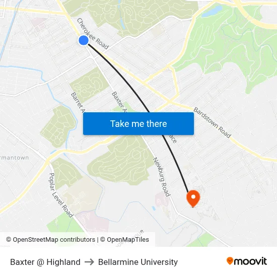 Baxter @ Highland to Bellarmine University map