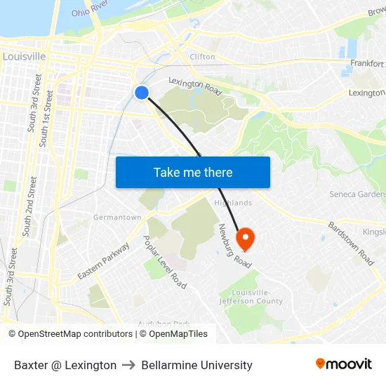 Baxter @ Lexington to Bellarmine University map