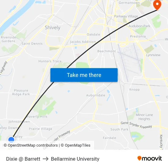 Dixie @ Barrett to Bellarmine University map