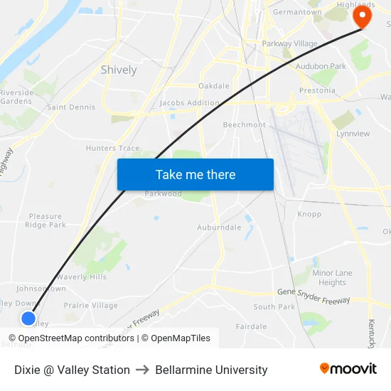 Dixie @ Valley Station to Bellarmine University map