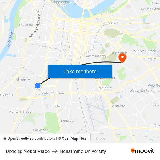 Dixie @ Nobel Place to Bellarmine University map