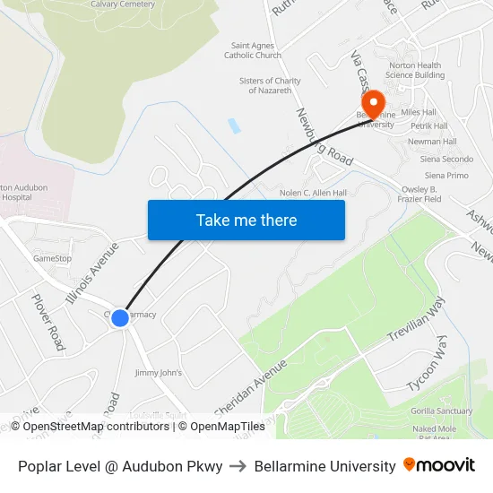 Poplar Level @ Audubon Pkwy to Bellarmine University map