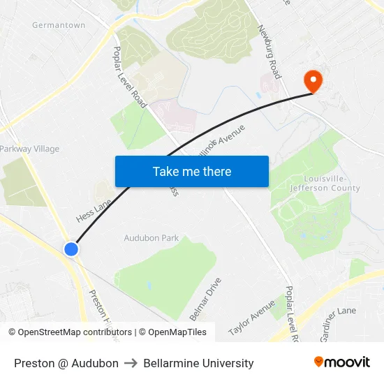 Preston @ Audubon to Bellarmine University map